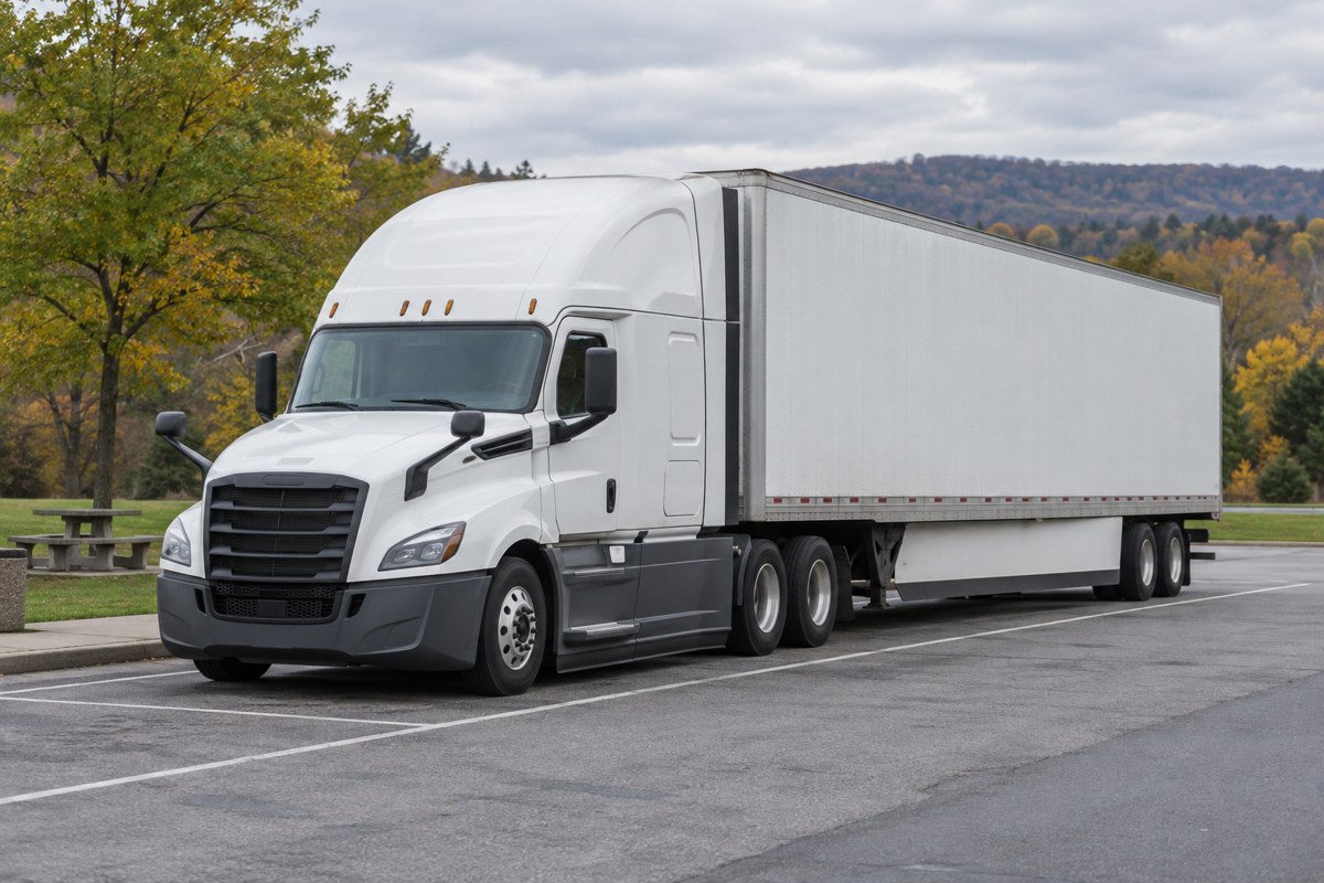 Unmarked semi tractor and box trailer parked in a Pennsylvania rest area