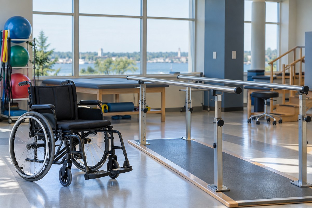 Unoccupied wheelchair and parallel bars in a spinal rehabilitation room