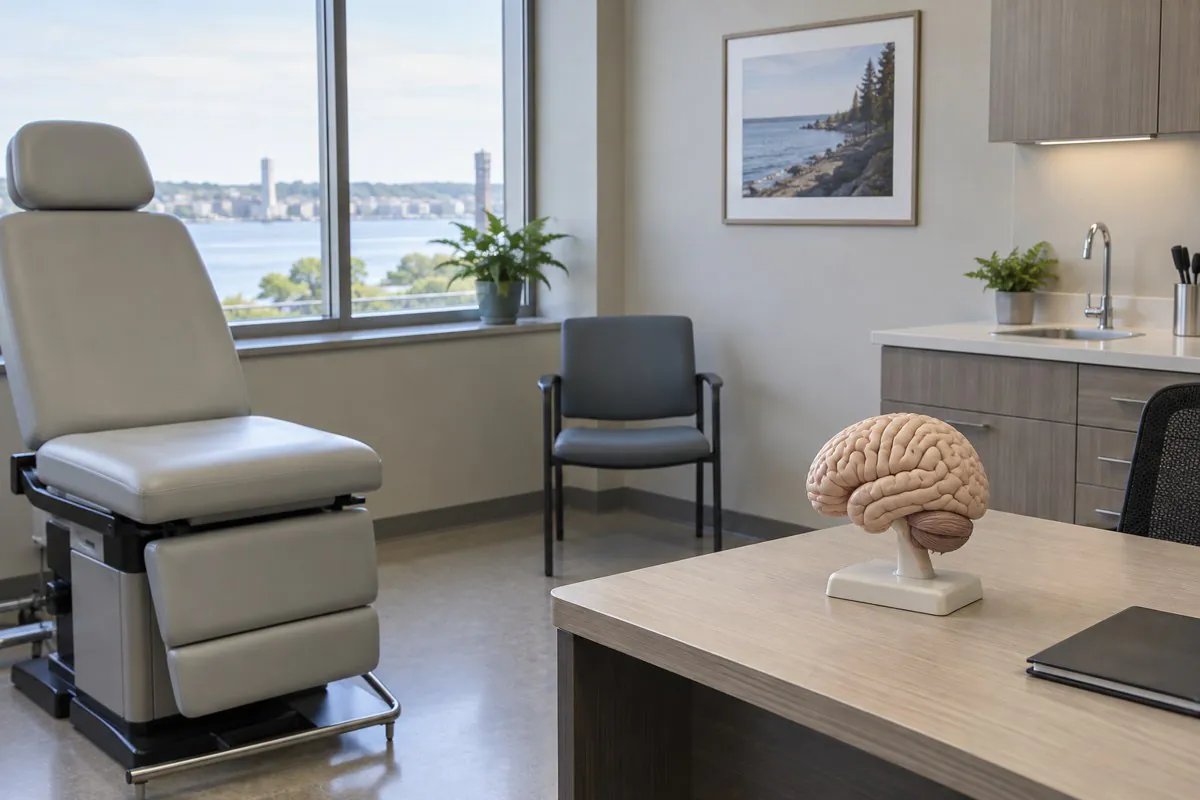 Unoccupied neurological examination room with an anatomical brain model
